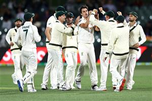 ADELAIDE, AUSTRALIA - DECEMBER 18: Pat Cummins of Australia celebrates with his team after taking the wicket of Prithvi Shaw
of India during day two of the First Test match between Australia and India at Adelaide Oval on December 18, 2020 in Adelaide, Australia. (Photo by Ryan Pierse/Getty Images)