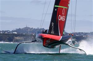 AUCKLAND, NEW ZEALAND - DECEMBER 17: Emirates Team New Zealand skippered by Peter Burling lead Luna Rossa Prada Pirelli Team, skippered by Max Sirena in the first race of the America's Cup World Series on Auckland Harbour on December 17, 2020 in Auckland, New Zealand. (Photo by Phil Walter/Getty Images)