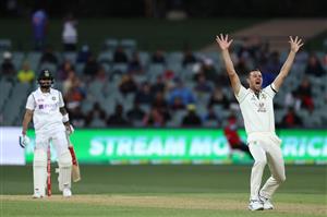 ADELAIDE, AUSTRALIA - DECEMBER 17: Josh Hazlewood of Australia appeals unsuccessfully for a LBW against Virat Kohli of India during day one of the First Test match between Australia and India at Adelaide Oval on December 17, 2020 in Adelaide, Australia. (Photo by Ryan Pierse/Getty Images)