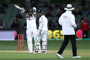 ADELAIDE, AUSTRALIA - DECEMBER 17: Virat Kohli of India gestures to umpire Bruce Oxenford after he called him for one short run during day one of the First Test match between Australia and India at Adelaide Oval on December 17, 2020 in Adelaide, Australia. (Photo by Ryan Pierse/Getty Images)