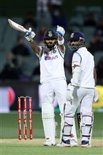 ADELAIDE, AUSTRALIA - DECEMBER 17: Virat Kohli of India gestures to umpire Bruce Oxenford after he called him for one short run during day one of the First Test match between Australia and India at Adelaide Oval on December 17, 2020 in Adelaide, Australia. (Photo by Ryan Pierse/Getty Images)