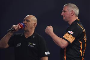 LONDON, ENGLAND - DECEMBER 18: Wayne Jones of England reacts during his first round match against Ciarán Teehan of Ireland during day four of the PDC William Hill World Darts Championship at Alexandra Palace on December 18, 2020 in London, England. (Photo by Luke Walker/Getty Images)