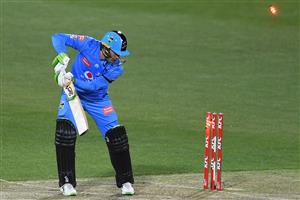 HOBART, AUSTRALIA - DECEMBER 20: Alex Carey of the Strikers
is bowled by Carlos Brathwaite of the Sixers during the Big Bash League match between the Sydney Sixers and the Adelaide Strikers at Blundstone Arena, on December 20, 2020, in Hobart, Australia. (Photo by Steve Bell/Getty Images)