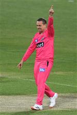 HOBART, AUSTRALIA - DECEMBER 20: Steve O'Keefe of the Sixers celebrates taking the wicket of Matt Short of the Strikers during the Big Bash League match between the Sydney Sixers and the Adelaide Strikers at Blundstone Arena, on December 20, 2020, in Hobart, Australia. (Photo by Steve Bell/Getty Images)
