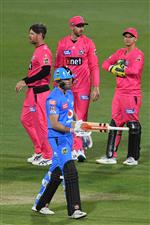 HOBART, AUSTRALIA - DECEMBER 20: Dan Christian of the Sixers celebrates the wicket of Phil Salt of the Strikers during the Big Bash League match between the Sydney Sixers and the Adelaide Strikers at Blundstone Arena, on December 20, 2020, in Hobart, Australia. (Photo by Steve Bell/Getty Images)