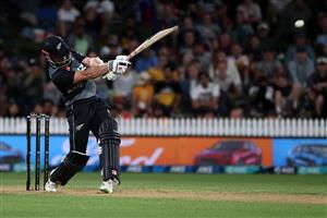HAMILTON, NEW ZEALAND - DECEMBER 20: Kane Williamson, captain of New Zealand hits the winning boundary during game two of the International T20 series between New Zealand and Pakistan at Seddon Park on December 20, 2020 in Hamilton, New Zealand. (Photo by Fiona Goodall/Getty Images)