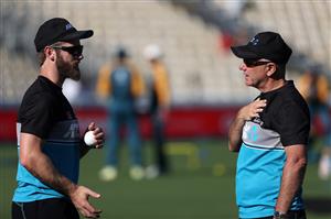 HAMILTON, NEW ZEALAND - DECEMBER 20: Kane Williamson, captain of New Zealand (L) and Black Caps coach Gary Stead warm up during game two of the International T20 series between New Zealand and Pakistan at Seddon Park on December 20, 2020 in Hamilton, New Zealand. (Photo by Fiona Goodall/Getty Images)