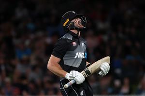 HAMILTON, NEW ZEALAND - DECEMBER 20: Martin Guptill of New Zealand is dismissed during game two of the International T20 series between New Zealand and Pakistan at Seddon Park on December 20, 2020 in Hamilton, New Zealand. (Photo by Fiona Goodall/Getty Images)