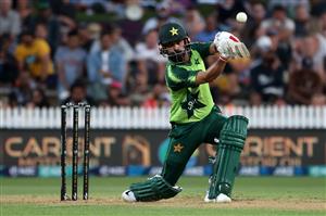 HAMILTON, NEW ZEALAND - DECEMBER 20: Mohammad Hafeez of Pakistan hits the ball during game two of the International T20 series between New Zealand and Pakistan at Seddon Park on December 20, 2020 in Hamilton, New Zealand. (Photo by Fiona Goodall/Getty Images)