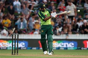 HAMILTON, NEW ZEALAND - DECEMBER 20: Mohammad Hafeez of Pakistan takes a shot during game two of the International T20 series between New Zealand and Pakistan at Seddon Park on December 20, 2020 in Hamilton, New Zealand. (Photo by Fiona Goodall/Getty Images)
