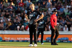 HAMILTON, NEW ZEALAND - DECEMBER 20: Scott Kuggeieijn of New Zealand reacts to a boundary during game two of the International T20 series between New Zealand and Pakistan at Seddon Park on December 20, 2020 in Hamilton, New Zealand. (Photo by Fiona Goodall/Getty Images)
