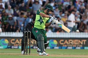 HAMILTON, NEW ZEALAND - DECEMBER 20: Khushdil Shah of Pakistan makes a shot during game two of the International T20 series between New Zealand and Pakistan at Seddon Park on December 20, 2020 in Hamilton, New Zealand. (Photo by Fiona Goodall/Getty Images)