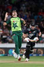 HAMILTON, NEW ZEALAND - DECEMBER 20: Shaheen Afridi of Pakistan reacts as he bowls during the game two of the International T20 series between New Zealand and Pakistan at Seddon Park on December 20, 2020 in Hamilton, New Zealand. (Photo by Fiona Goodall/Getty Images)