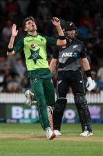 HAMILTON, NEW ZEALAND - DECEMBER 20: Shaheen Afridi of Pakistan reacts as he bowls during the game two of the International T20 series between New Zealand and Pakistan at Seddon Park on December 20, 2020 in Hamilton, New Zealand. (Photo by Fiona Goodall/Getty Images)