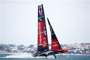 AUCKLAND, NEW ZEALAND - DECEMBER 18: Emirates Team New Zealand win race two against INEOS Team UK during the America's Cup World Series on Auckland Harbour on December 18, 2020 in Auckland, New Zealand. (Photo by Fiona Goodall/Getty Images)