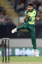 AUCKLAND, NEW ZEALAND - DECEMBER 18: Haris Rauf of Pakistan celebrates his wicket of Devon Conway of New Zealand during game one of the International T20 series between New Zealand and Pakistan at Eden Park on December 18, 2020 in Auckland, New Zealand. (Photo by Phil Walter/Getty Images)