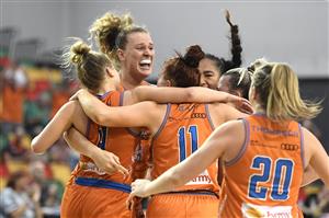TOWNSVILLE, AUSTRALIA - DECEMBER 18: Townsville Fire celebrate after their victory during the WNBL Preliminary Final match between the Townsville Fire and the Melbourne Boomers at Townsville Entertainment Centre, on December 18, 2020, in Townsville, Australia. (Photo by Ian Hitchcock/Getty Images)