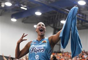 TOWNSVILLE, AUSTRALIA - DECEMBER 16: Elizabeth Cambage of the Flyers celebrates during the Semi Final WNBL match between the Southside Flyers and the Townsville Fire at Townsville Entertainment Centre, on December 16, 2020, in Townsville, Australia. (Photo by Ian Hitchcock/Getty Images)