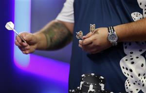 LONDON, ENGLAND - DECEMBER 22: A detailed view of Danny Baggish of The United States darts during his second round match Adrian Lewis of England against during day eight of the PDC William Hill World Darts Championship at Alexandra Palace on December 22, 2020 in London, England. (Photo by Luke Walker/Getty Images)