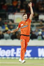 CANBERRA, AUSTRALIA - DECEMBER 22: Jason Behrendorff of the Perth Scorchers celebrates the wicket of Alex Hales of the Thunder during the Big Bash League match between the Sydney Thunder and the Perth Scorchers at Manuka Oval, on December 22, 2020, in Canberra, Australia. (Photo by Darrian Traynor/Getty Images)