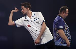 LONDON, ENGLAND - DECEMBER 22: Edward Foulkes of Japan in action during his second round match against Brendan Dolan of Northern Ireland during day eight of the PDC William Hill World Darts Championship at Alexandra Palace on December 22, 2020 in London, England. (Photo by Luke Walker/Getty Images)