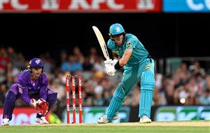 BRISBANE, AUSTRALIA - DECEMBER 27: James Bazley of the Heat plays a shot during the Big Bash League match between the Brisbane Heat and the Hobart Hurricanes at The Gabba, on December 27, 2020, in Brisbane, Australia. (Photo by Bradley Kanaris/Getty Images)