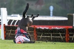 SUNBURY, ENGLAND - DECEMBER 27: Chester Williams riding Honneur d'Ajonc fall at the last with the race at their mercy in The Get Your Ladbrokes 1 Free Bet Introductory Juvenile Hurdle at Kempton Park Racecourse on December 27, 2020 in Sunbury, England. Owners are allowed to attend if they have a runner at the meeting otherwise racing remains behind closed doors to the public due to the Coronavirus pandemic. (Photo by Alan Crowhurst/Getty Images)