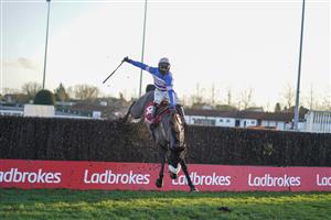 SUNBURY, ENGLAND - DECEMBER 27: Harry Cobden holds on tight as his mount Adrien du Pont blunders at the last in The Ladbrokes Committed To Safer Gambling Handicap Chase at Kempton Park Racecourse on December 27, 2020 in Sunbury, England. Owners are allowed to attend if they have a runner at the meeting otherwise racing remains behind closed doors to the public due to the Coronavirus pandemic. (Photo by Alan Crowhurst/Getty Images)
