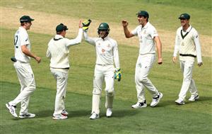 MELBOURNE, AUSTRALIA - DECEMBER 28: Australia celebrate the wicket of Ajinkya Rahane of India during day three of the Second Test match between Australia and India at Melbourne Cricket Ground on December 28, 2020 in Melbourne, Australia. (Photo by Robert Cianflone/Getty Images)