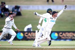 TAURANGA, NEW ZEALAND - DECEMBER 28: BJ Watling of New Zealand celebraters bowling out Mohammad Rizwan of Pakistan during day three of the First Test match in the series between New Zealand and Pakistan at Bay Oval on December 28, 2020 in Tauranga, New Zealand. (Photo by Phil Walter/Getty Images)