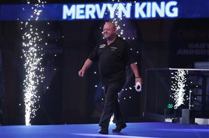 LONDON, ENGLAND - DECEMBER 28: Mervyn King of England walks into the arena during his third round match against José de Sousa of Portugal during day eleven of the PDC William Hill World Darts Championship at Alexandra Palace on December 28, 2020 in London, England. (Photo by Luke Walker/Getty Images)