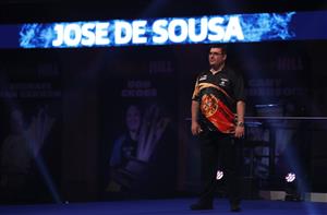 LONDON, ENGLAND - DECEMBER 28: José de Sousa of Portugal walks into the arena during his third round match against Mervyn King of England during day eleven of the PDC William Hill World Darts Championship at Alexandra Palace on December 28, 2020 in London, England. (Photo by Luke Walker/Getty Images)