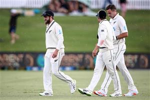 TAURANGA, NEW ZEALAND - DECEMBER 28: New Zealand captain Kane Williamson leads the team off during a rain delay during day three of the First Test match in the series between New Zealand and Pakistan at Bay Oval on December 28, 2020 in Tauranga, New Zealand. (Photo by Phil Walter/Getty Images)