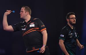 LONDON, ENGLAND - DECEMBER 28: Dirk van Duijvenbode of The Neatherlands in action during his third round match against Adam Hunt of England during day eleven of the PDC William Hill World Darts Championship at Alexandra Palace on December 28, 2020 in London, England. (Photo by Luke Walker/Getty Images)