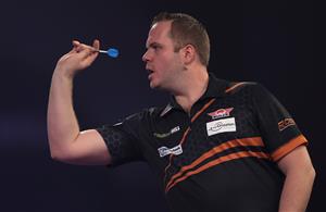 LONDON, ENGLAND - DECEMBER 28: Dirk van Duijvenbode of The Neatherlands in action during his third round match against Adam Hunt of England during day eleven of the PDC William Hill World Darts Championship at Alexandra Palace on December 28, 2020 in London, England. (Photo by Luke Walker/Getty Images)