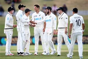 TAURANGA, NEW ZEALAND - DECEMBER 28: New Zealand celebrates bowling out Mohammad Rizwan of Pakistan during day three of the First Test match in the series between New Zealand and Pakistan at Bay Oval on December 28, 2020 in Tauranga, New Zealand. (Photo by Phil Walter/Getty Images)