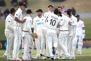 TAURANGA, NEW ZEALAND - DECEMBER 28: New Zealand celebrates bowling out Mohammad Rizwan of Pakistan during day three of the First Test match in the series between New Zealand and Pakistan at Bay Oval on December 28, 2020 in Tauranga, New Zealand. (Photo by Phil Walter/Getty Images)