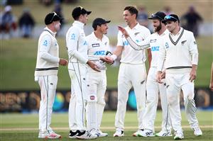 TAURANGA, NEW ZEALAND - DECEMBER 28: New Zealand celebrates bowling out Mohammad Rizwan of Pakistan during day three of the First Test match in the series between New Zealand and Pakistan at Bay Oval on December 28, 2020 in Tauranga, New Zealand. (Photo by Phil Walter/Getty Images)