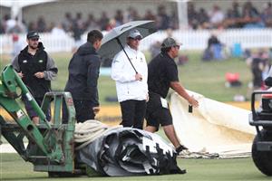TAURANGA, NEW ZEALAND - DECEMBER 28: Rain delays play during day three of the First Test match in the series between New Zealand and Pakistan at Bay Oval on December 28, 2020 in Tauranga, New Zealand. (Photo by Phil Walter/Getty Images)