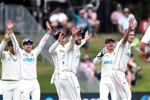 TAURANGA, NEW ZEALAND - DECEMBER 28: Tim Southee of New Zealand (R) celebrates his wicket of Azhar Ali of Pakistan during day three of the First Test match in the series between New Zealand and Pakistan at Bay Oval on December 28, 2020 in Tauranga, New Zealand. (Photo by Phil Walter/Getty Images)
