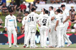 TAURANGA, NEW ZEALAND - DECEMBER 28: Tim Southee of New Zealand celebrates his wicket of Haris Sohail of Pakistan during day three of the First Test match in the series between New Zealand and Pakistan at Bay Oval on December 28, 2020 in Tauranga, New Zealand. (Photo by Phil Walter/Getty Images)