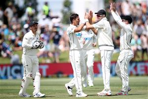 TAURANGA, NEW ZEALAND - DECEMBER 28: Trent Boult of New Zealand celebrates his dismissal of Mohammad Abbas of Pakistan during day three of the First Test match in the series between New Zealand and Pakistan at Bay Oval on December 28, 2020 in Tauranga, New Zealand. (Photo by Phil Walter/Getty Images)