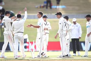 TAURANGA, NEW ZEALAND - DECEMBER 28: Trent Boult of New Zealand celebrates bowling Yasir Shah of Pakistan during day three of the First Test match in the series between New Zealand and Pakistan at Bay Oval on December 28, 2020 in Tauranga, New Zealand. (Photo by Phil Walter/Getty Images)