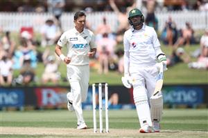 TAURANGA, NEW ZEALAND - DECEMBER 28: Trent Boult of New Zealand celebrates his dismissal of Mohammad Abbas of Pakistan during day three of the First Test match in the series between New Zealand and Pakistan at Bay Oval on December 28, 2020 in Tauranga, New Zealand. (Photo by Phil Walter/Getty Images)