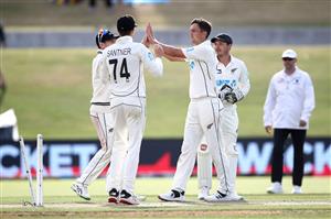 TAURANGA, NEW ZEALAND - DECEMBER 28: Trent Boult of New Zealand celebrates bowling Yasir Shah of Pakistan during day three of the First Test match in the series between New Zealand and Pakistan at Bay Oval on December 28, 2020 in Tauranga, New Zealand. (Photo by Phil Walter/Getty Images)