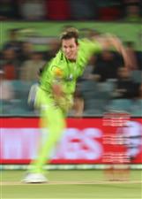 CANBERRA, AUSTRALIA - DECEMBER 29: Adam Milne of the Thunder bowls during the Big Bash League match between Sydney Thunder and the Melbourne Stars at Manuka Oval, on December 29, 2020, in Canberra, Australia. (Photo by Mike Owen/Getty Images)