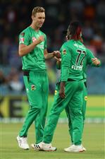 CANBERRA, AUSTRALIA - DECEMBER 29: Billy Stanlake of the Stars and Andre Fletcher of the Stars congratulate each other after dismissing Usman Khawaja of the Thunder during the Big Bash League match between Sydney Thunder and the Melbourne Stars at Manuka Oval, on December 29, 2020, in Canberra, Australia. (Photo by Mike Owen/Getty Images)