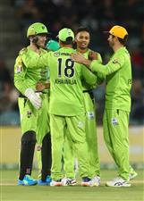 CANBERRA, AUSTRALIA - DECEMBER 29: Tanveer Sangha of the Thunder celebrates after dismissing Hilton Cartwright of the Stars during the Big Bash League match between Sydney Thunder and the Melbourne Stars at Manuka Oval, on December 29, 2020, in Canberra, Australia. (Photo by Mike Owen/Getty Images)