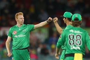 CANBERRA, AUSTRALIA - DECEMBER 29: Liam Hatcher of the Stars celebrates after bowling out Daniel Sams of the Thunder during the Big Bash League match between Sydney Thunder and the Melbourne Stars at Manuka Oval, on December 29, 2020, in Canberra, Australia. (Photo by Mike Owen/Getty Images)