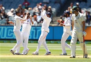 MELBOURNE, AUSTRALIA - DECEMBER 29: Mohammed Siraj of India celebrates taking the wicket of Cameron Green of Australia during day four of the Second Test match between Australia and India at Melbourne Cricket Ground on December 29, 2020 in Melbourne, Australia. (Photo by Robert Cianflone/Getty Images)